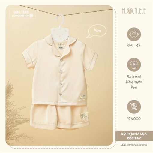 set pijama lụa cộc tay cho bé màu kem